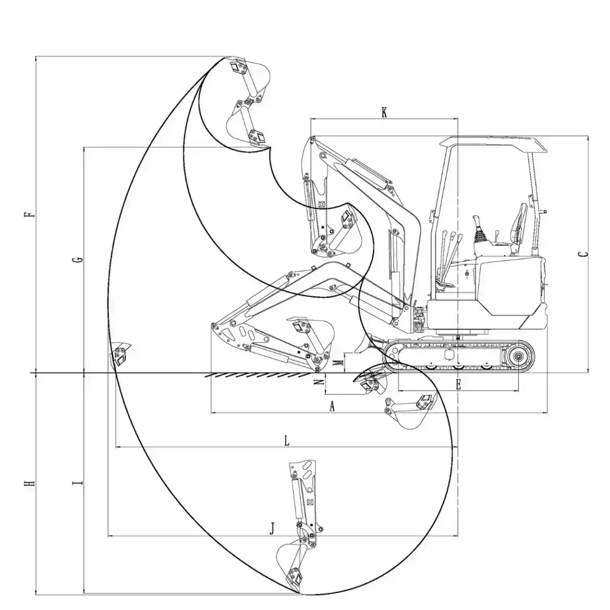 Schema tecnico del miniescavatore CL18S